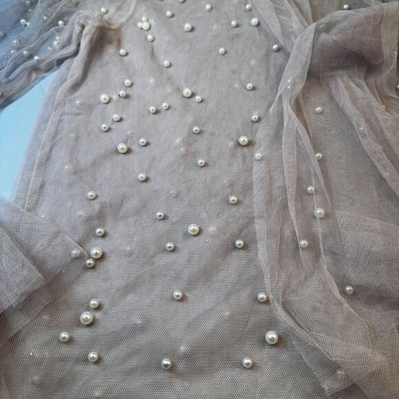 The Moon Pearl Sheer Mesh Blouse Womens Scarf Balloon Long Sleeve High Neck - Picture 6 of 16